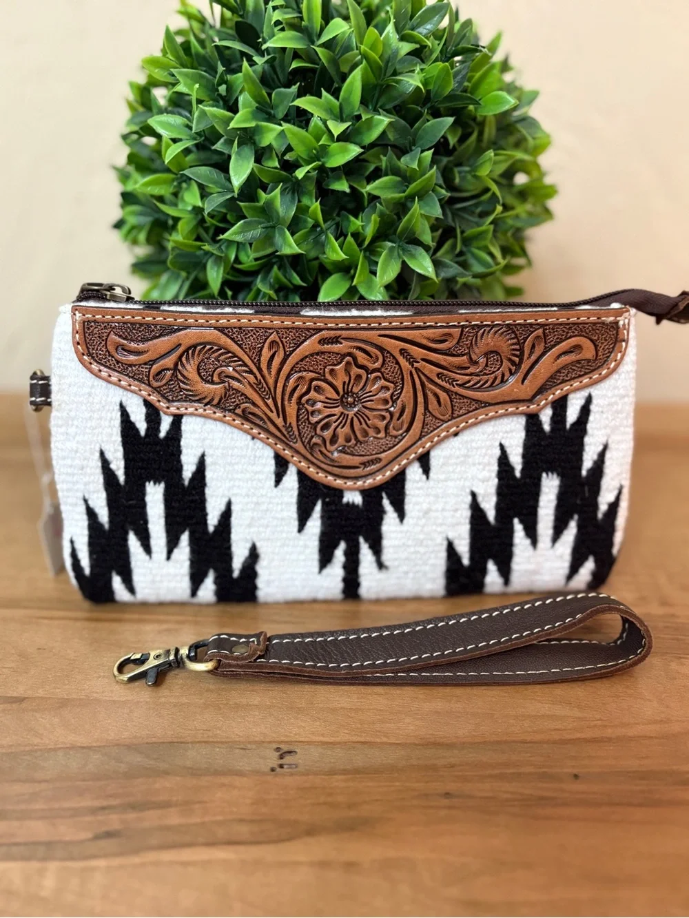 Western WristlWoven Black & White Aztec  with Tooled Brown Leather Accent